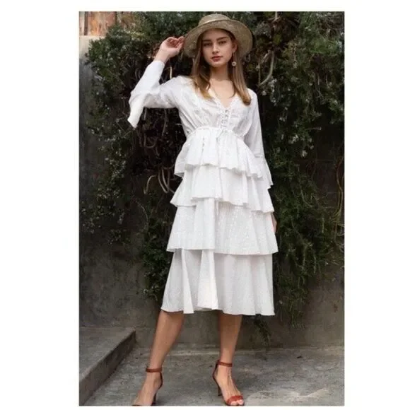 WHITE Woven Dress w/ ruffle layer & flare sleeves - Picture 2 of 9